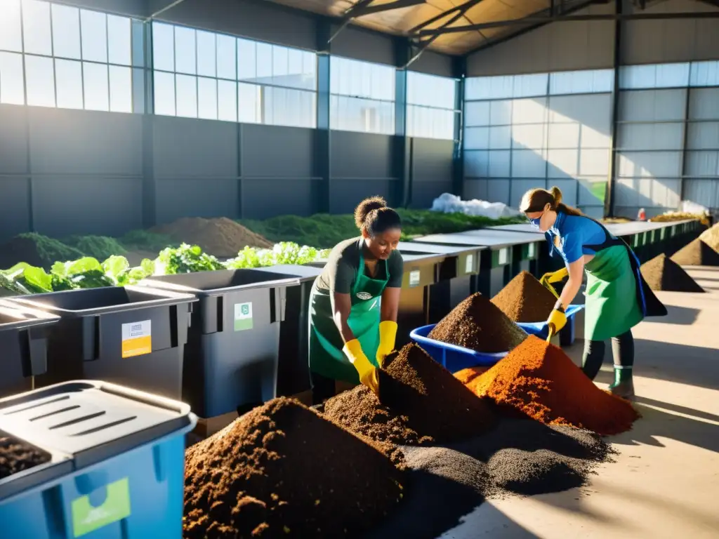 Un grupo diverso de trabajadores clasifica materiales reciclables y compost, con máquinas de compostaje al fondo