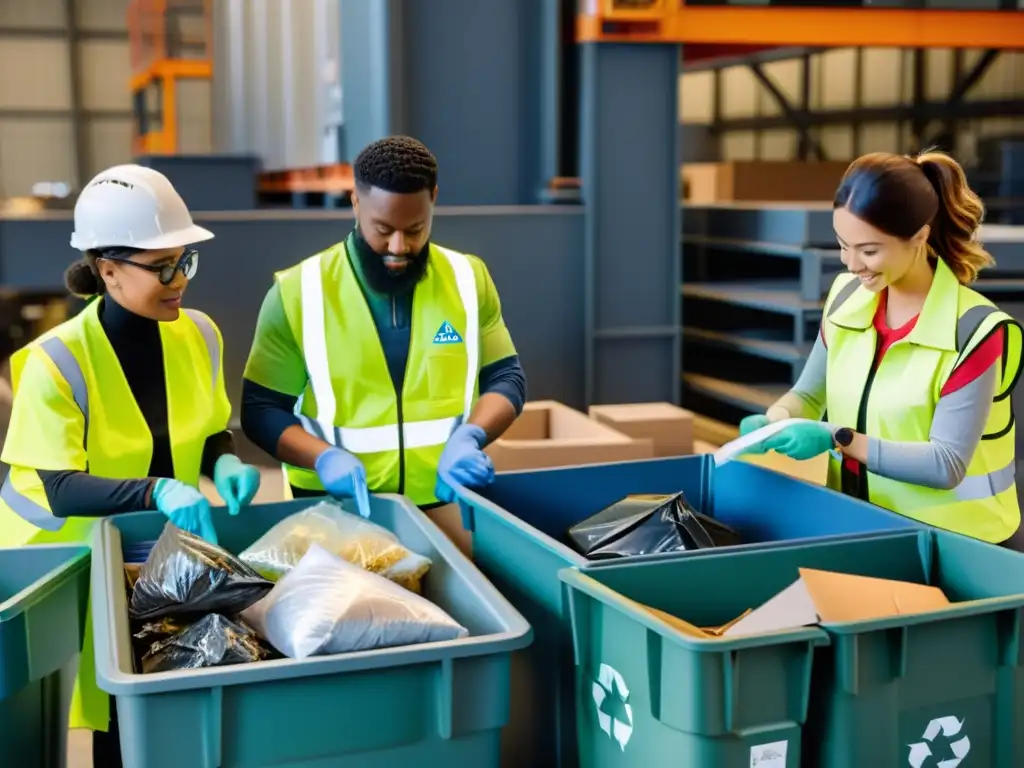 Un grupo diverso de trabajadores clasifica y recicla materiales en una moderna instalación