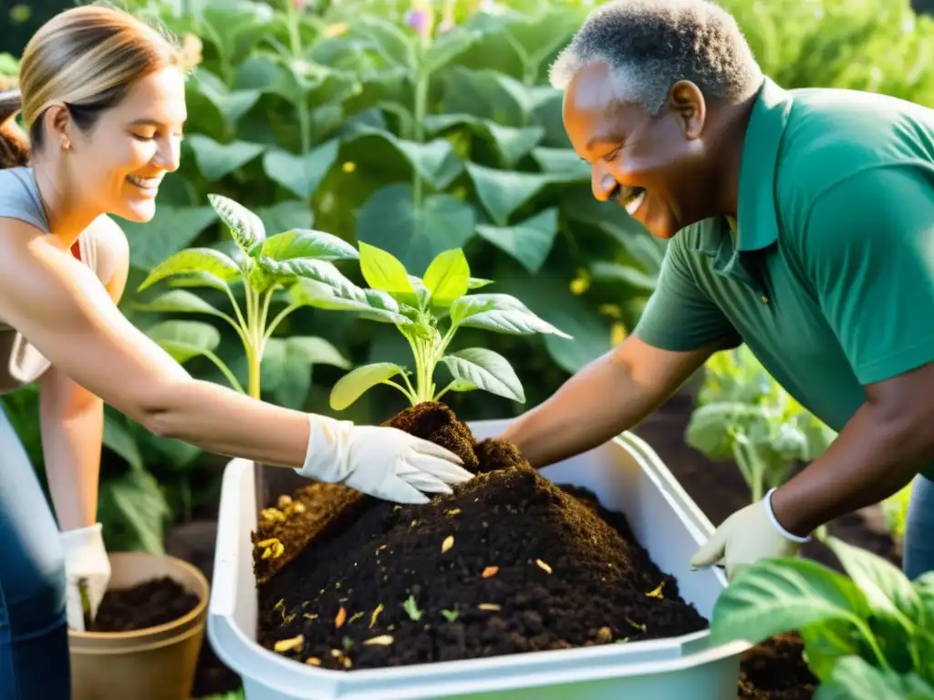 Un grupo diverso trabaja unidos en un jardín comunitario, cuidando la pila de compostaje