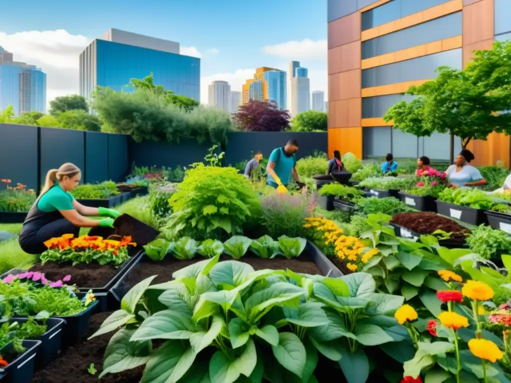 Grupo diverso compostando en un jardín urbano exuberante