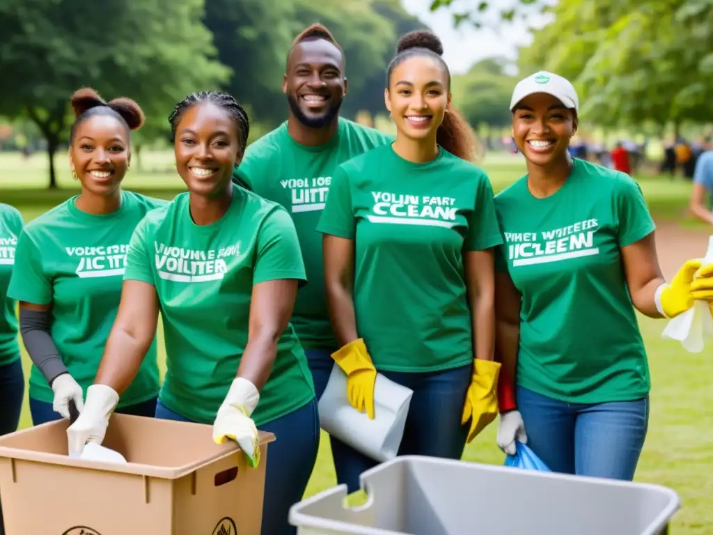 Grupo diverso de voluntarios recogiendo basura en un parque, mostrando espíritu comunitario y los beneficios del voluntariado ecológico en reciclaje