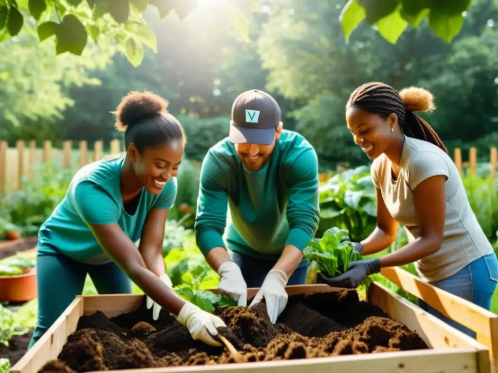 Un grupo diverso de voluntarios trabaja juntos en un jardín comunitario, cuidando una pila de compostaje