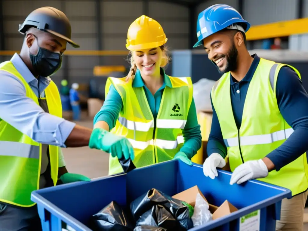 Un grupo diverso de voluntarios trabaja juntos para reciclar materiales en un centro moderno