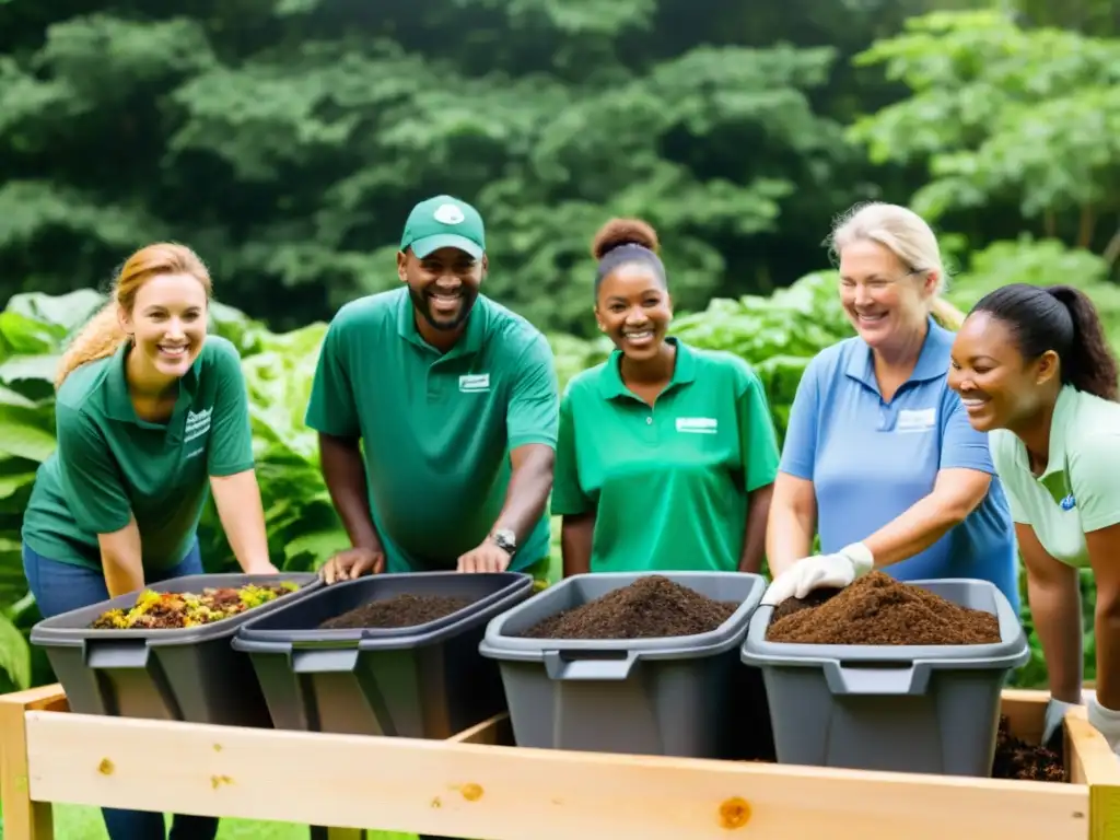 Un grupo diverso de voluntarios en proyecto comunitario de compostaje, rodeados de vegetación exuberante y contenedores sostenibles