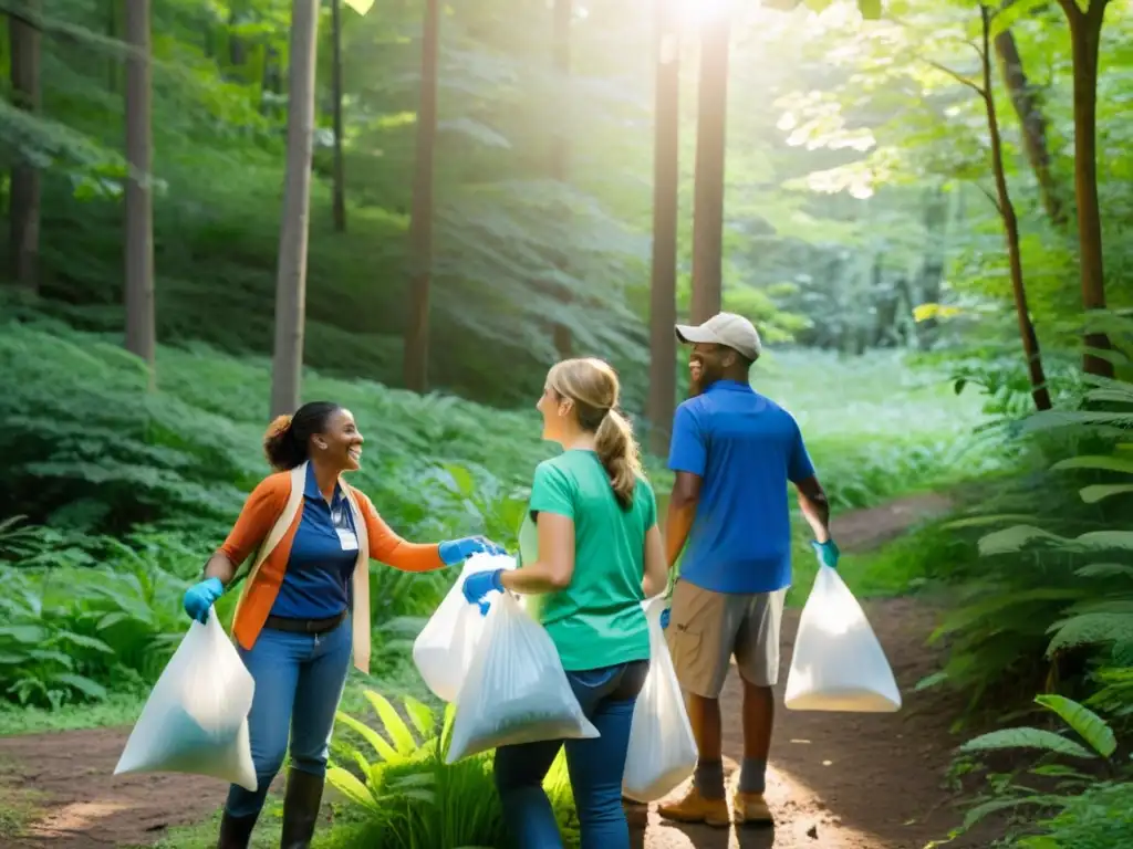 Un grupo diverso de voluntarios sonrientes en un bosque, sosteniendo bolsas de reciclaje y señalando a una familia de ciervos