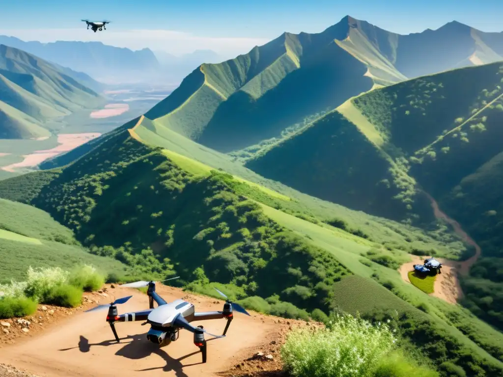 Un grupo de drones recogiendo residuos en un paisaje montañoso remoto