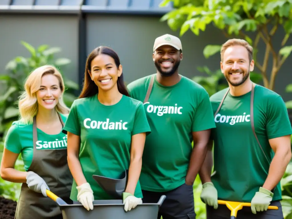 Un grupo de empleados de startup en camisetas y delantales verdes combate la huella ecológica con compostaje en un jardín urbano soleado