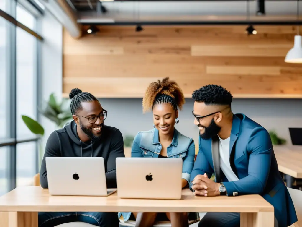 Grupo de emprendedores diversificados en un espacio de coworking moderno, colaborando en estrategias para su startup de reciclaje