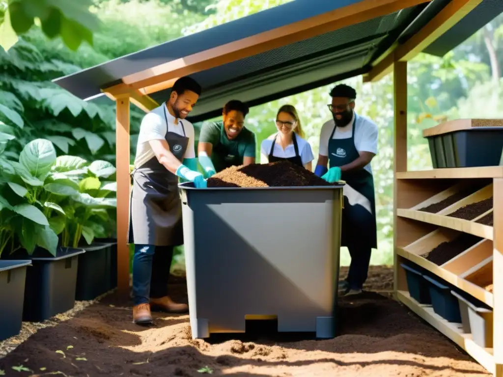 Grupo de emprendedores sostenibles participando en capacitación en compostaje, fomentando la colaboración y la innovación ambiental