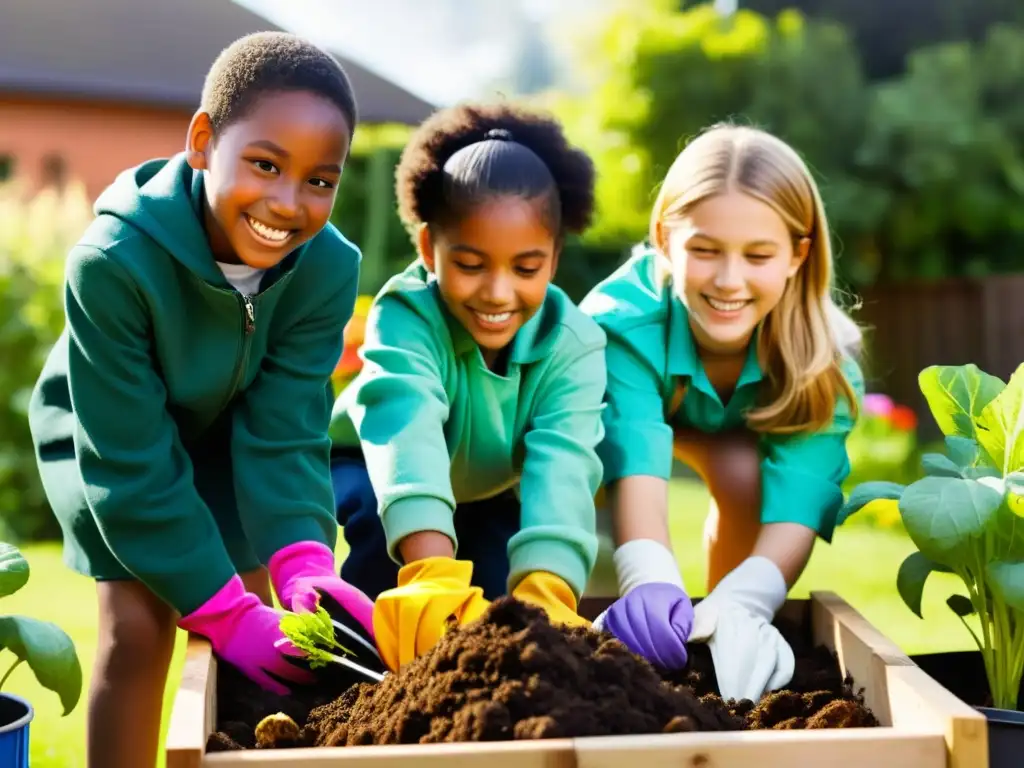 Grupo escolar compostando con competencias amistosas en jardín educativo