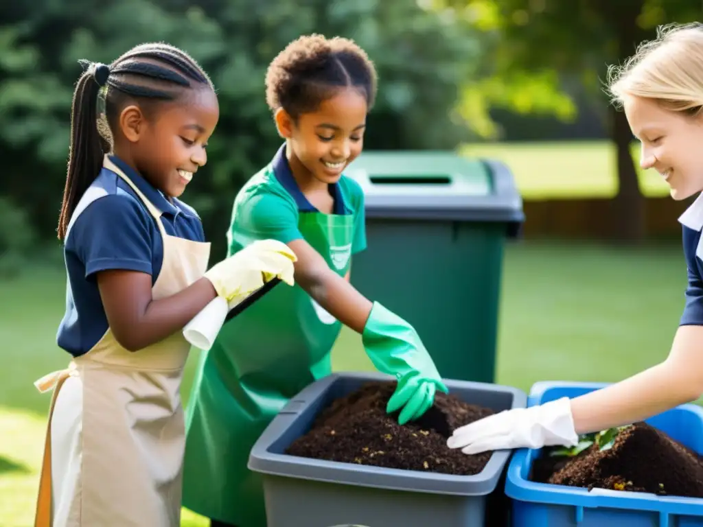 Grupo escolar diverso en actividad de compostaje y reciclaje al aire libre