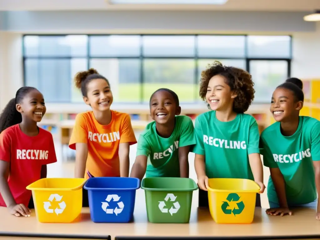 Grupo escolar diverso en evento del reciclaje, clasificando materiales con entusiasmo y alegría en ambiente moderno y luminoso