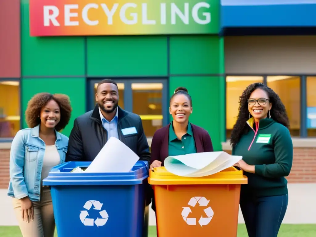 Grupo escolar diverso y maestros promoviendo el reciclaje escolar puertas abiertas, rodeados de contenedores de papel, plástico y vidrio