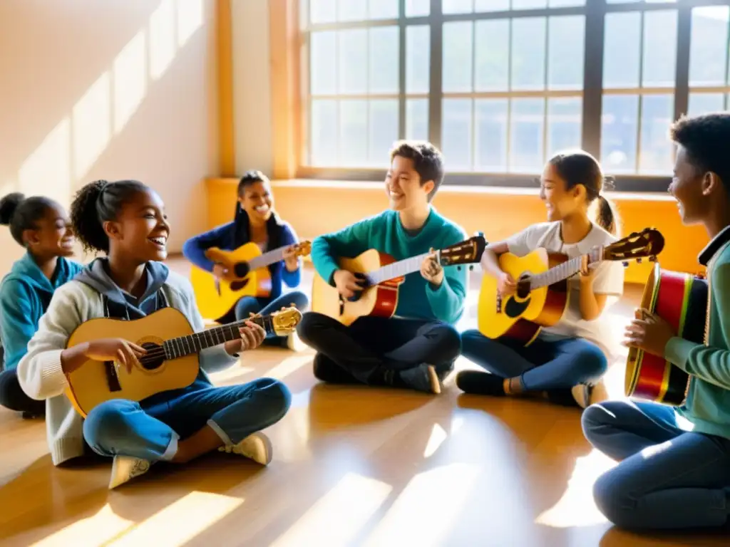 Grupo de estudiantes en clase de música, creando instrumentos reciclados con orgullo y creatividad bajo la cálida luz del sol