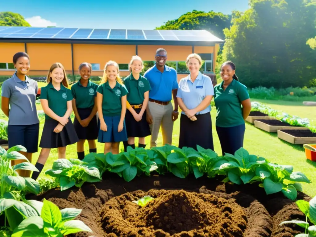 Un grupo de estudiantes y maestros trabajan en un jardín escolar, reciclando residuos orgánicos para crear suelo nutritivo bajo el sol