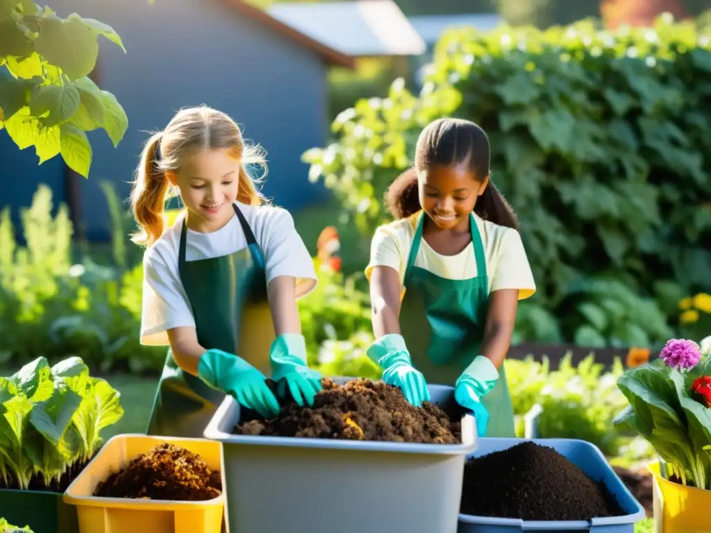 Grupo de estudiantes de primaria trabajando juntos en el compostaje en la escuela, fomentando prácticas sostenibles en el jardín escolar