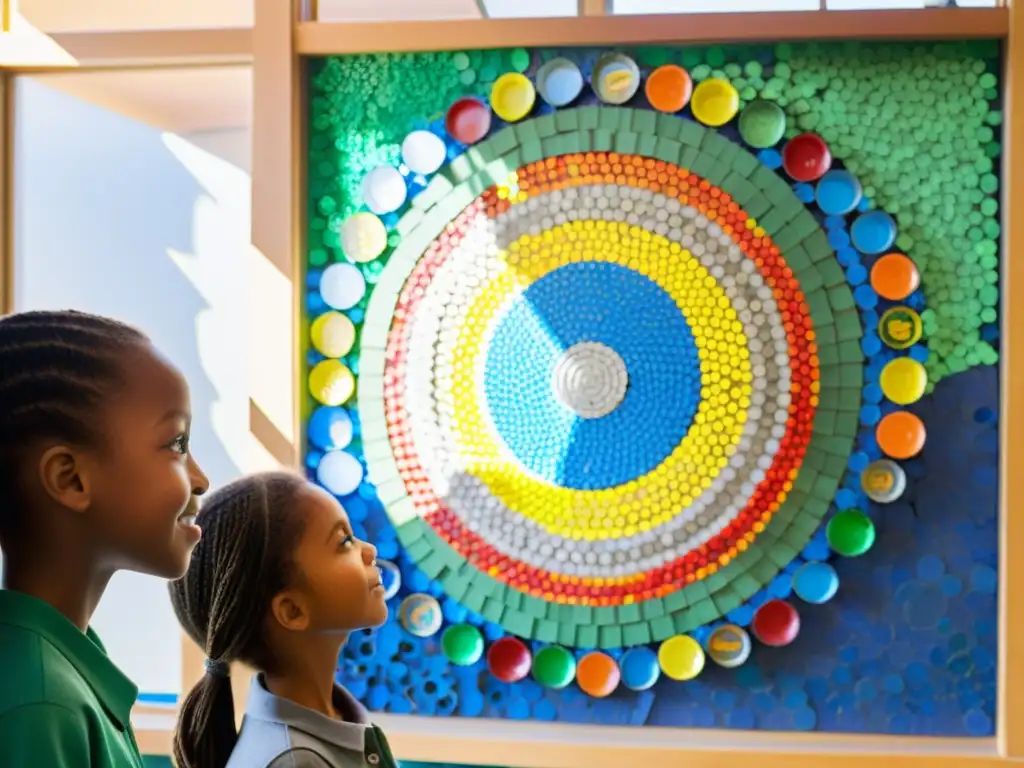 Un grupo de estudiantes de primaria colabora en una obra de arte de mosaico hecha con tapas de botellas y cartón reciclado