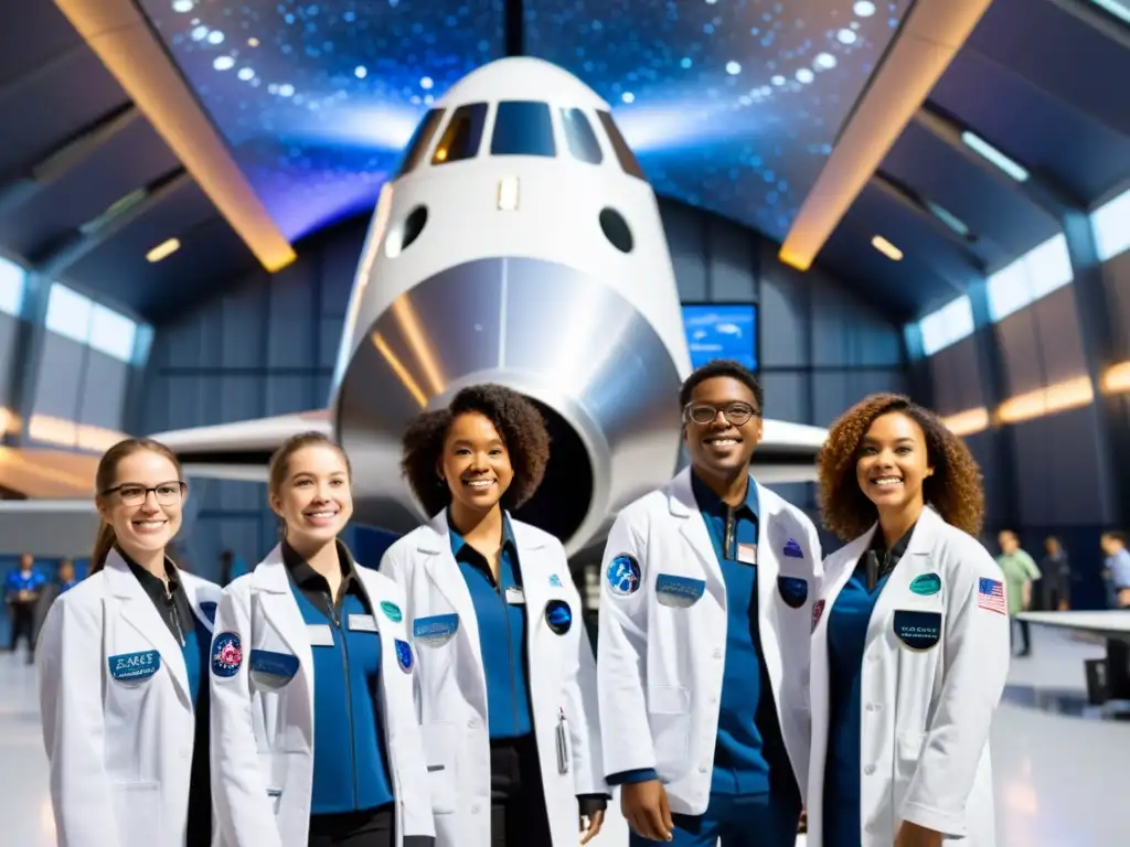 Estudiantes con trajes espaciales y nave eco-amigable Grupo de estudiantes con trajes espaciales y herramientas futuristas, frente a una nave espacial ecoamigable, rodeada de galaxias