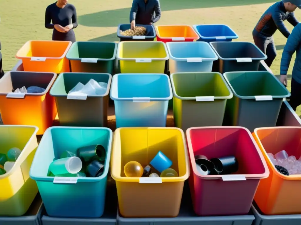 Grupo en evento al aire libre, reciclando plásticos con vibrante conciencia ambiental