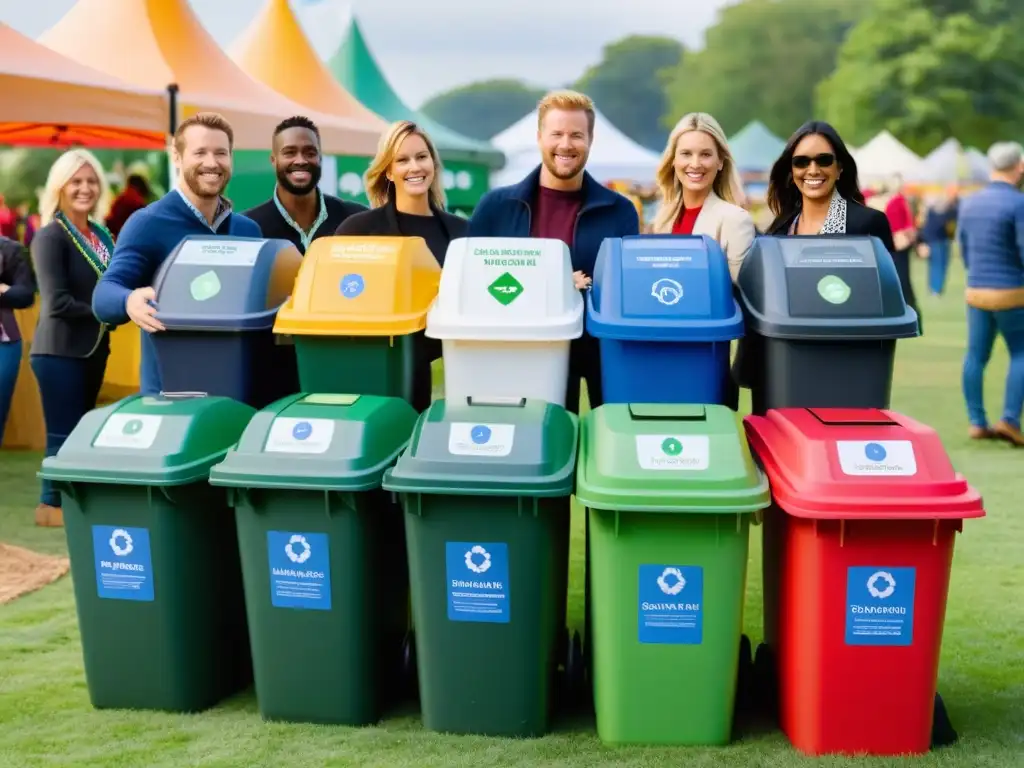 Grupo en evento festivo separando residuos, promoviendo la 'Separación de residuos en eventos' para cuidar el medio ambiente