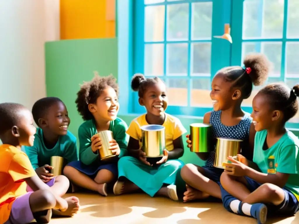 Un grupo de niños crea y toca instrumentos reciclados en un aula llena de luz, explorando la música de forma sostenible y creativa