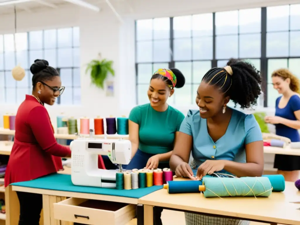 Un grupo de jóvenes creativos participa en un taller de moda sostenible, rodeados de telas recicladas, hilos de colores y herramientas de costura