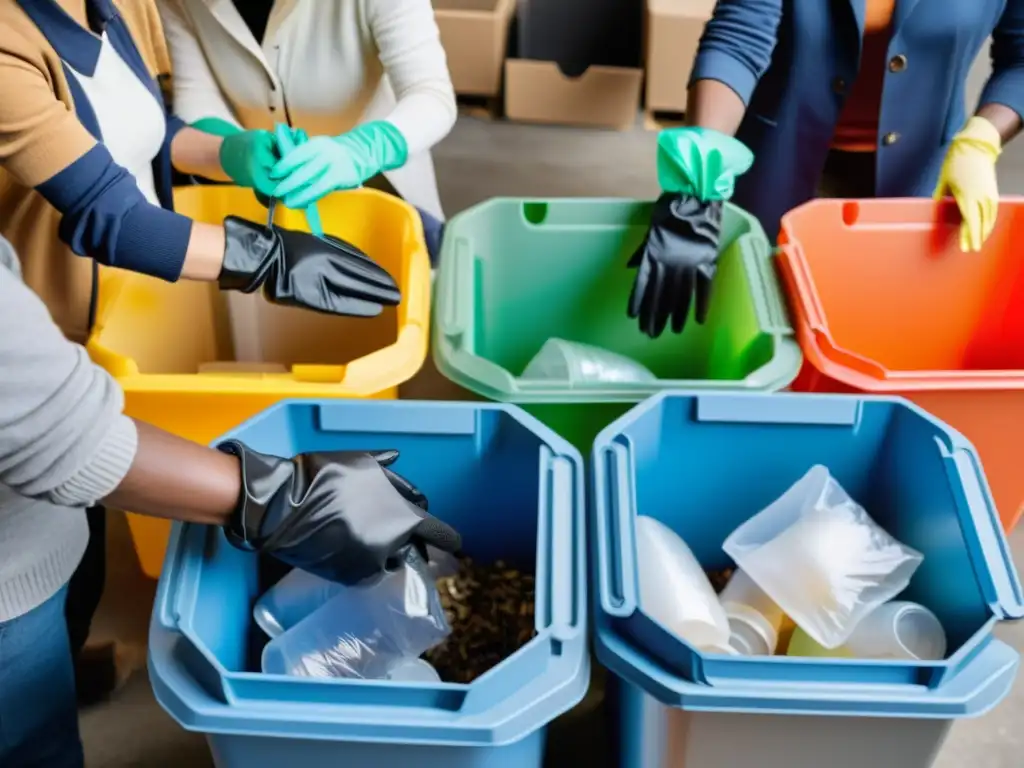 Un grupo de miembros de la comunidad, trabajando juntos en un centro de reciclaje, clasificando plásticos con guantes