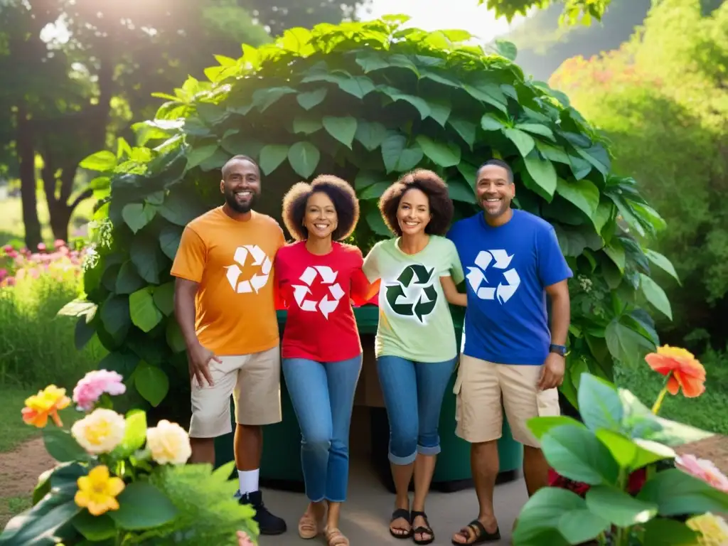 Un grupo de miembros de la comunidad sosteniendo manos en círculo, rodeados de naturaleza y reciclando juntos