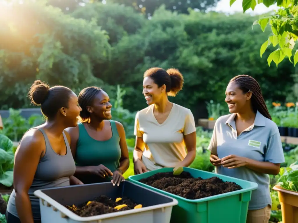 Un grupo de mujeres líderes en compostaje comunitario, colaborando en un jardín entre vegetación exuberante con expresiones de pasión y determinación