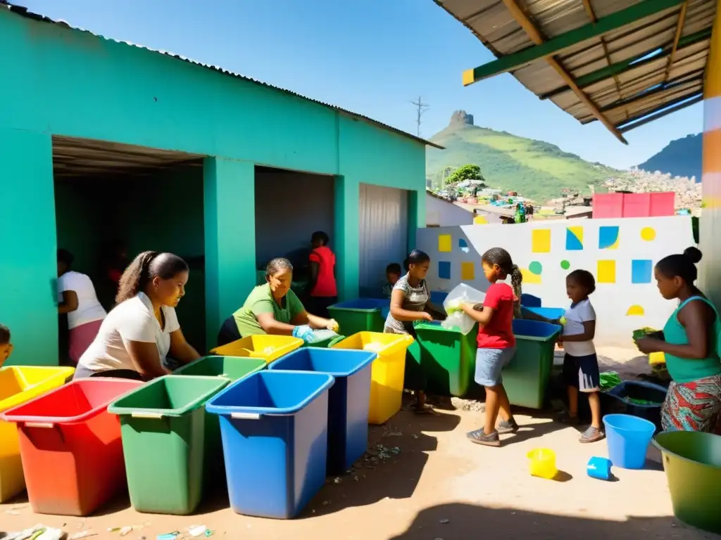 Un grupo de mujeres y niños trabajan juntos en un colorido centro de reciclaje en una favela de Brasil