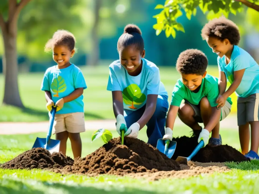 Un grupo de niños participando en una actividad de educación ambiental para niños, plantando árboles con alegría en un parque verde y soleado