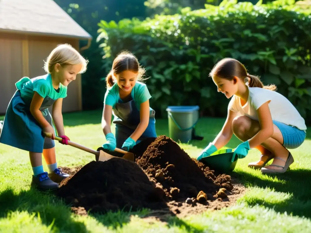 Grupo de niños realizando actividades de compostaje en casa, entre plantas y árboles, con alegría y entusiasmo