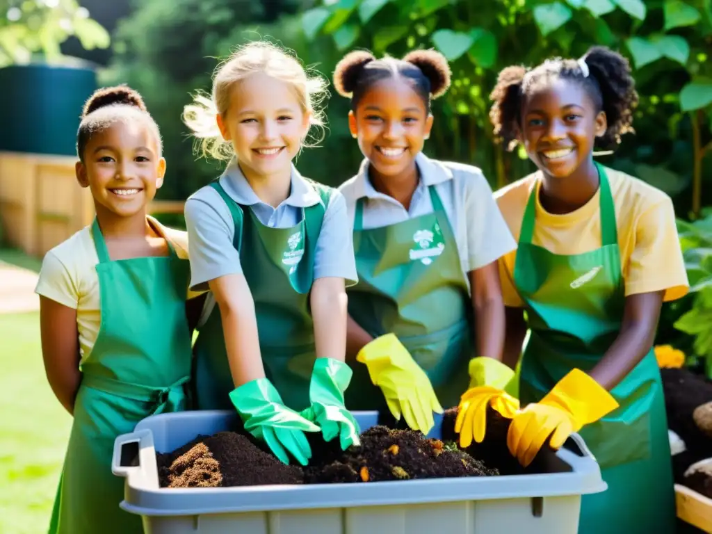 Grupo de niños en actividades educativas reciclaje hogar, sonrientes en jardín vibrante con compostera y materiales reciclables