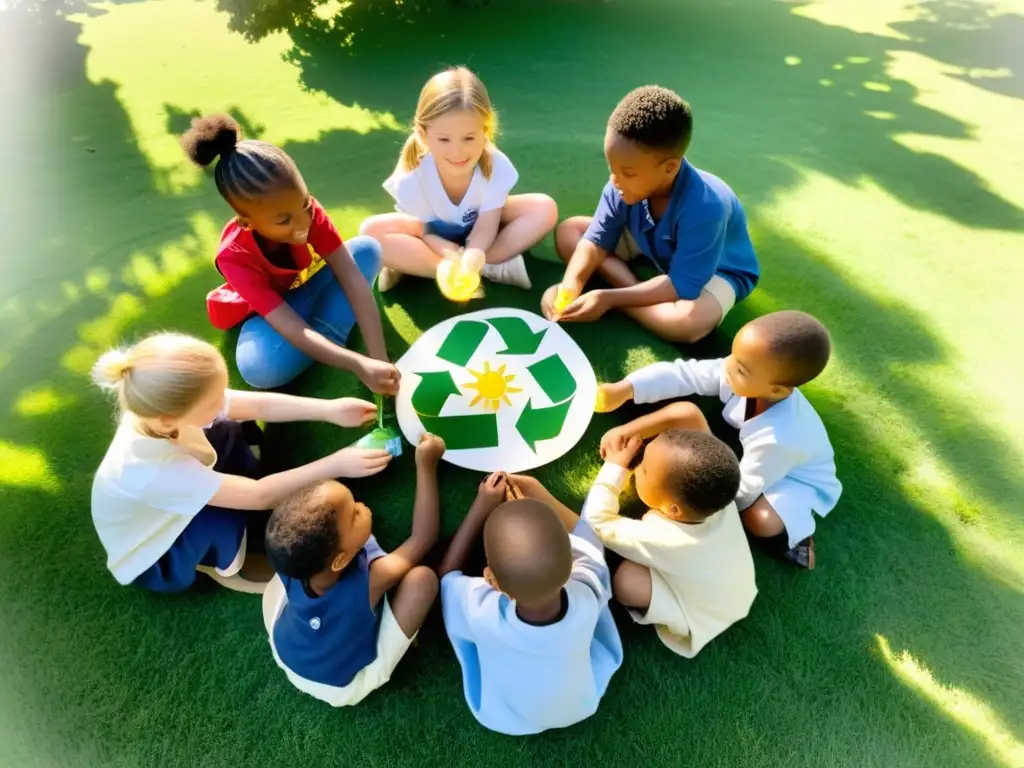 Grupo de niños diversos realizando actividades educativas de reciclaje en un campo soleado