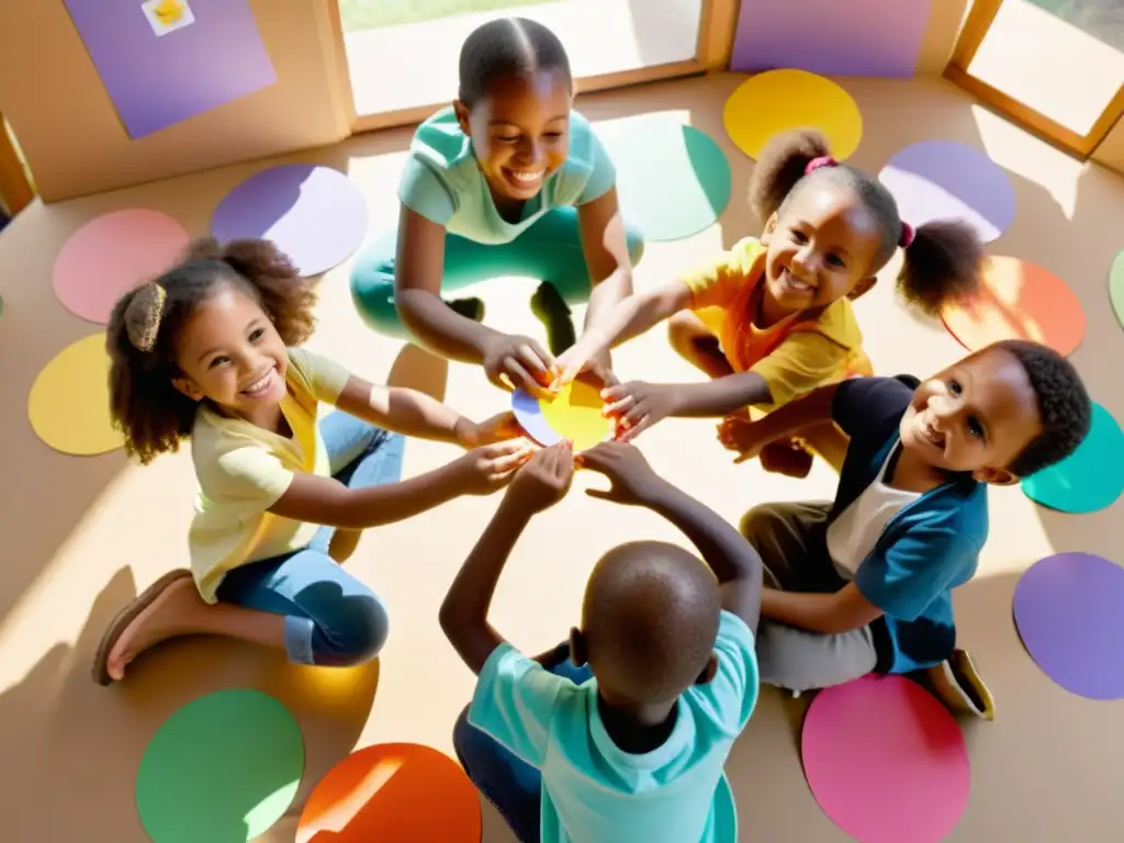 Un grupo de niños disfruta de actividades educativas de reciclaje en un hogar, rodeados de materiales coloridos, creando arte con entusiasmo