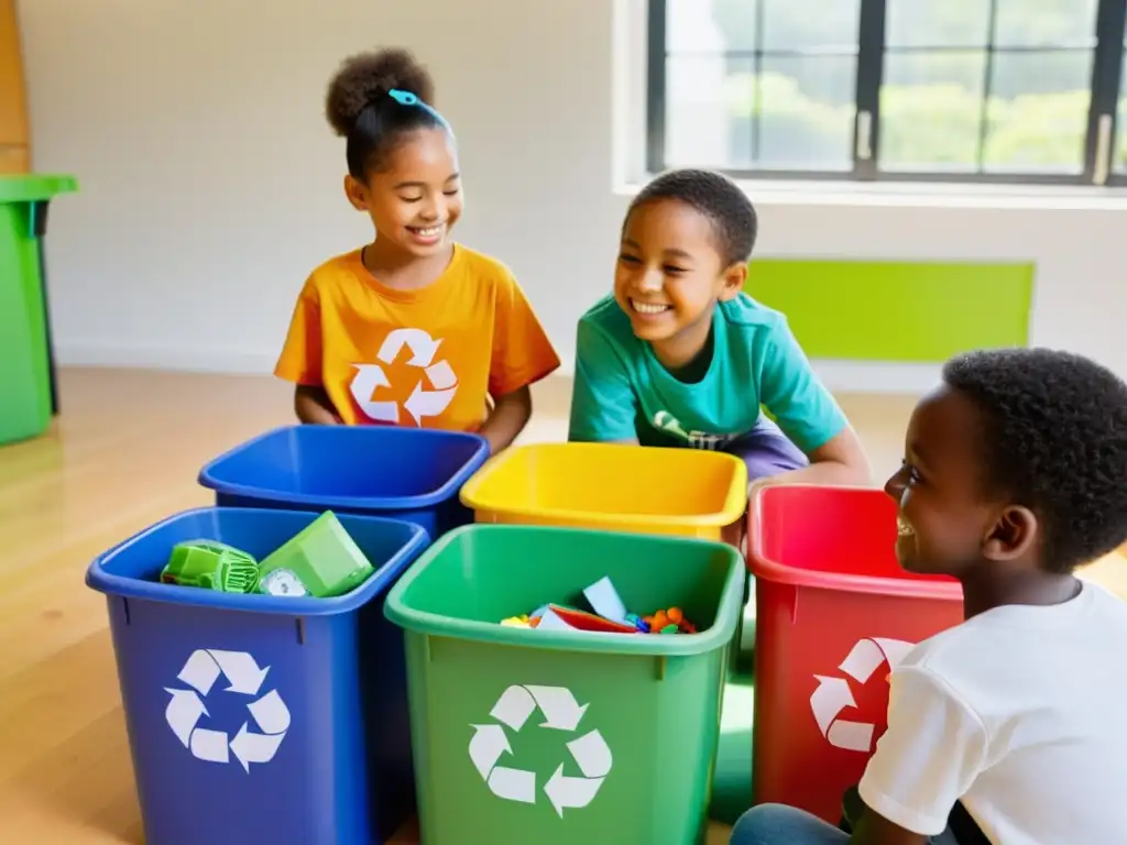 Un grupo de niños disfruta de actividades de reciclaje, clasificando materiales en contenedores coloridos