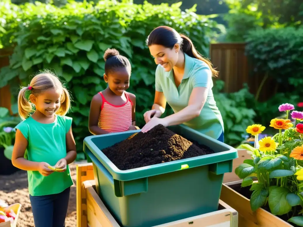 Un grupo de niños y adultos trabajando juntos en un jardín, aprendiendo sobre compostaje de forma divertida