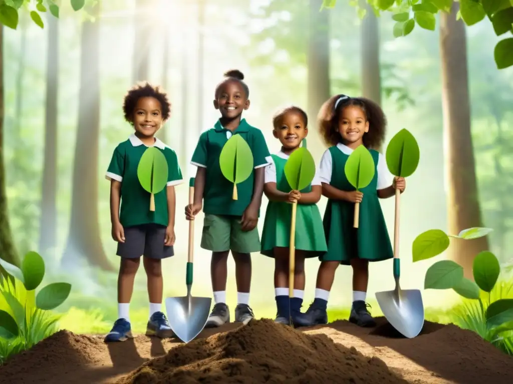 Un grupo de niños diversos plantando árboles en un bosque exuberante, con distintivos de hojas