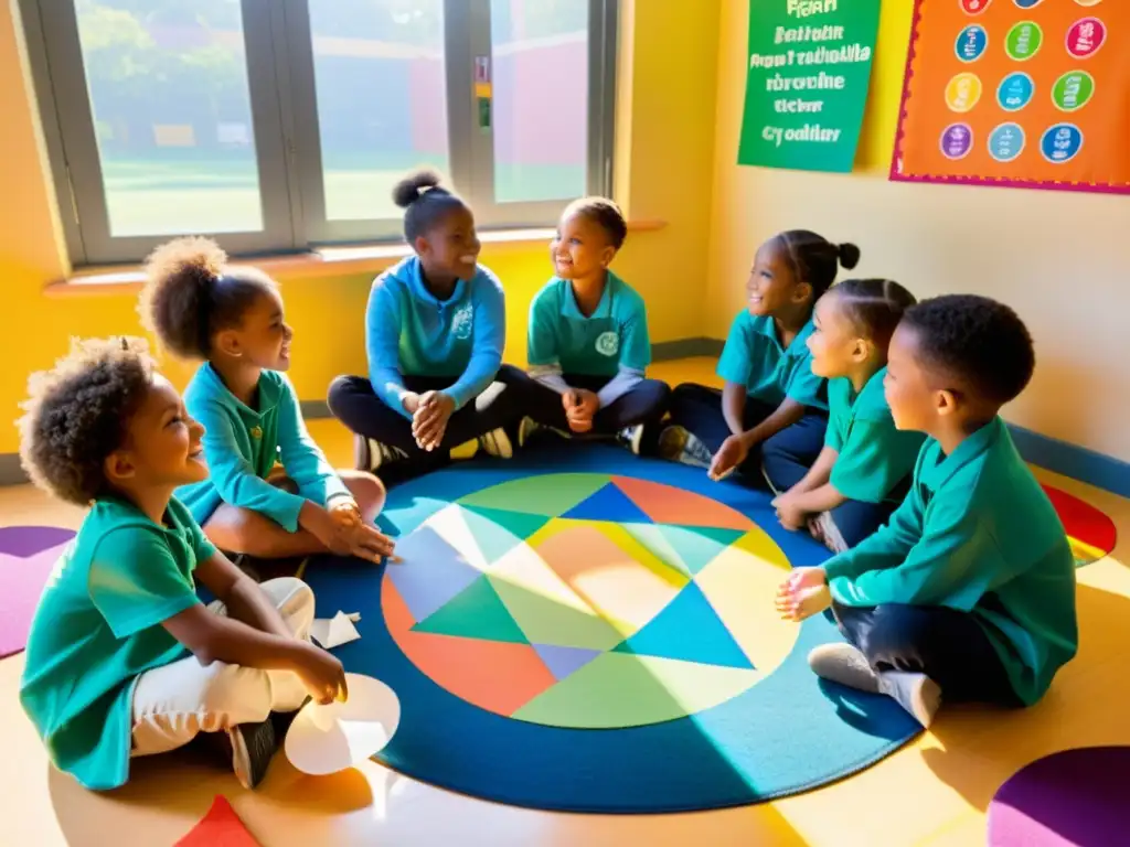 Grupo de niños en círculo con materiales reciclables, escuchando lección sobre reciclaje en aula colorida