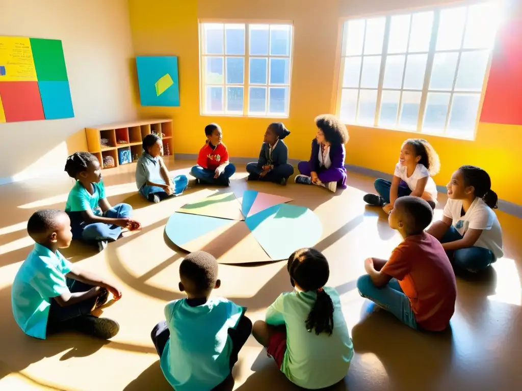 Grupo de niños en círculo rodeados de arte reciclado infantil, creatividad y aprendizaje en exposiciones de arte reciclado infantil