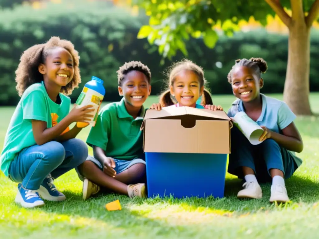 Grupo de niños construyendo un cofre del tesoro con materiales reciclados en un campo soleado