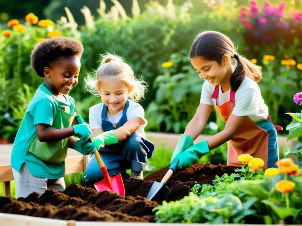 Un grupo de niños cuida un jardín colorido con herramientas de jardinería sostenible para niños, creando un ambiente armonioso y alegre