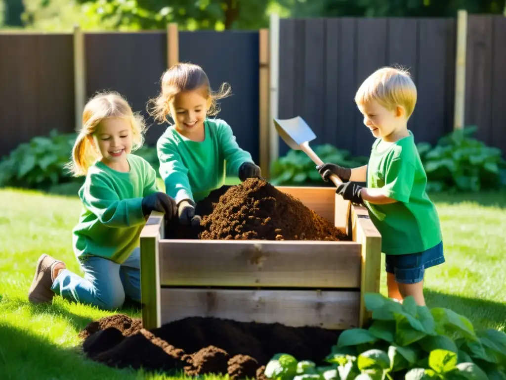 Un grupo de niños mezcla compost en un contenedor de madera, rodeados de plantas verdes