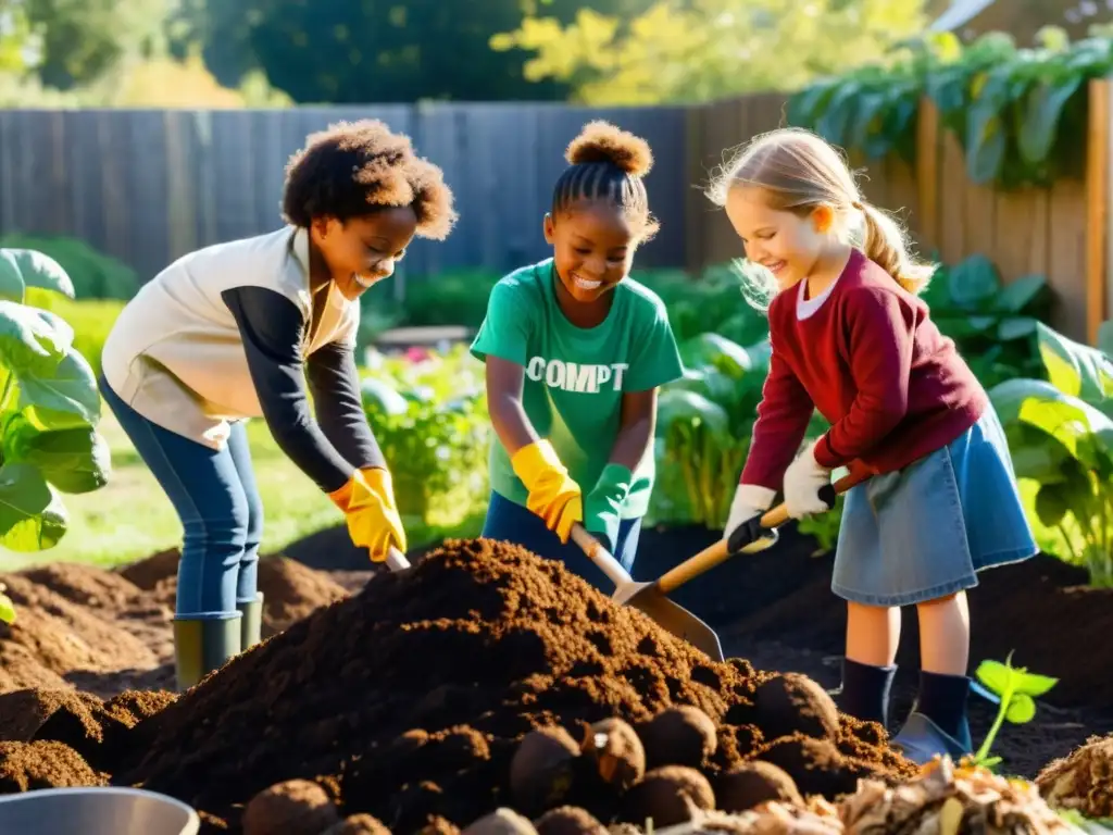 Un grupo de niños diversos aprendiendo sobre compostaje en un jardín comunitario