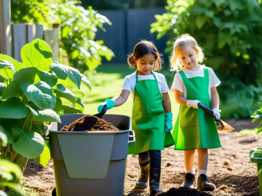 Grupo de niños en jardín, explorando compostaje con curiosidad