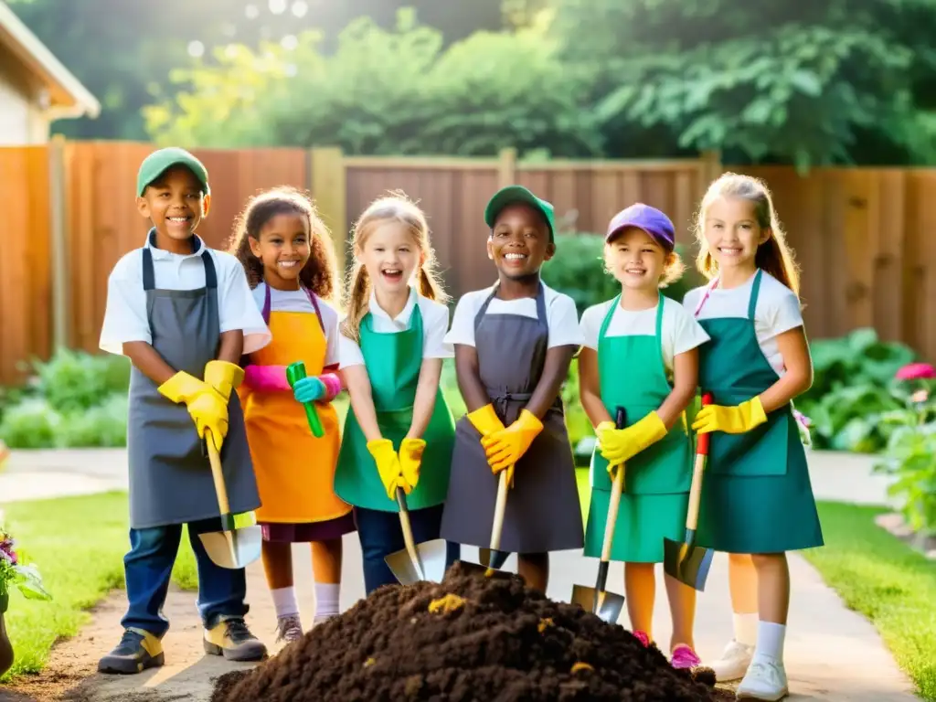 Grupo de niños aprendiendo sobre compostaje doméstico con entusiasmo, rodeados de plantas y flores coloridas en el patio