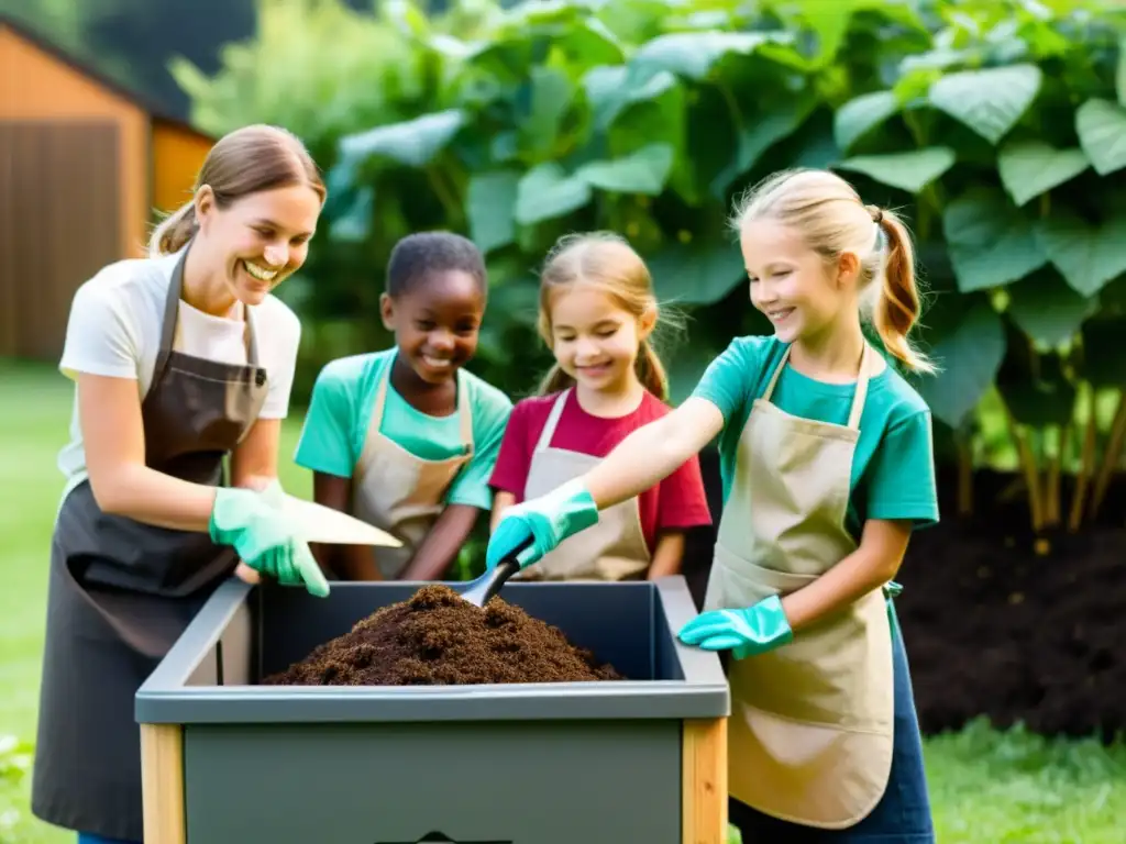 Un grupo de niños aprendiendo sobre el compostaje en un jardín soleado, con su maestro explicando el proceso