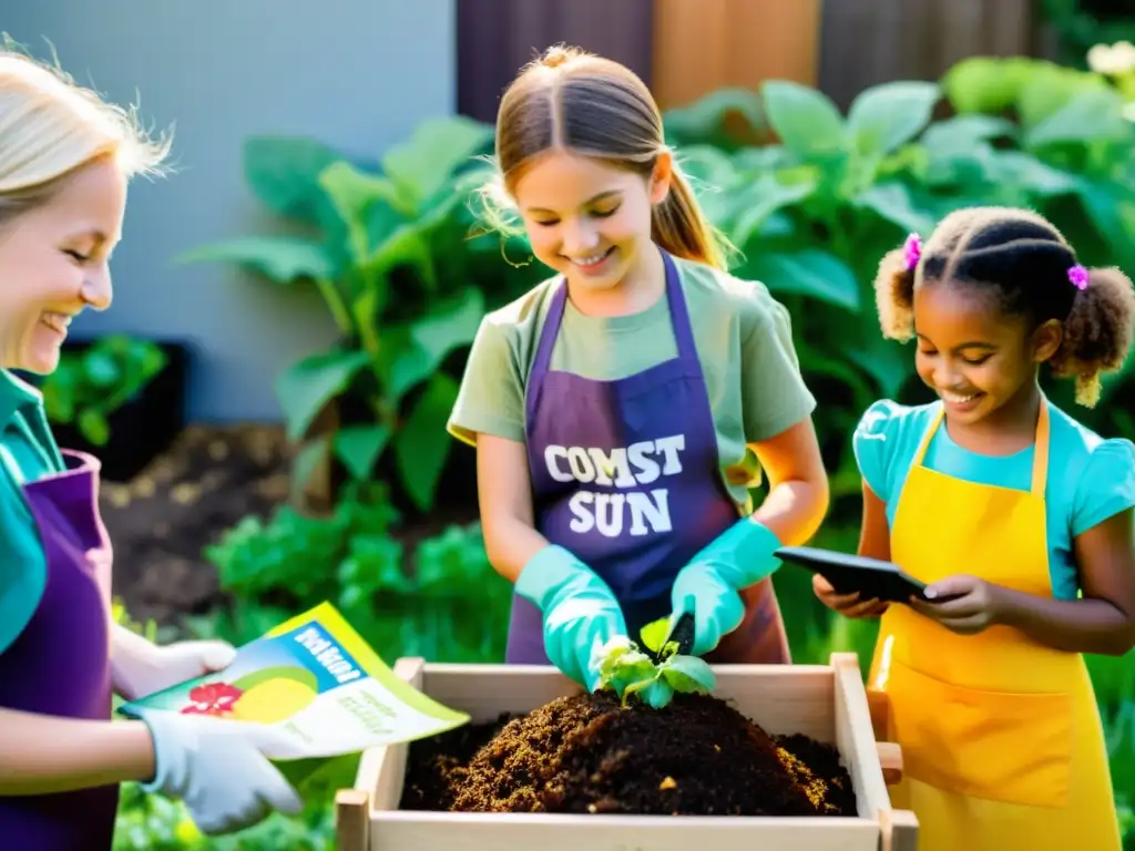 Grupo de niños aprendiendo sobre compostaje en un jardín, guiados por su maestra