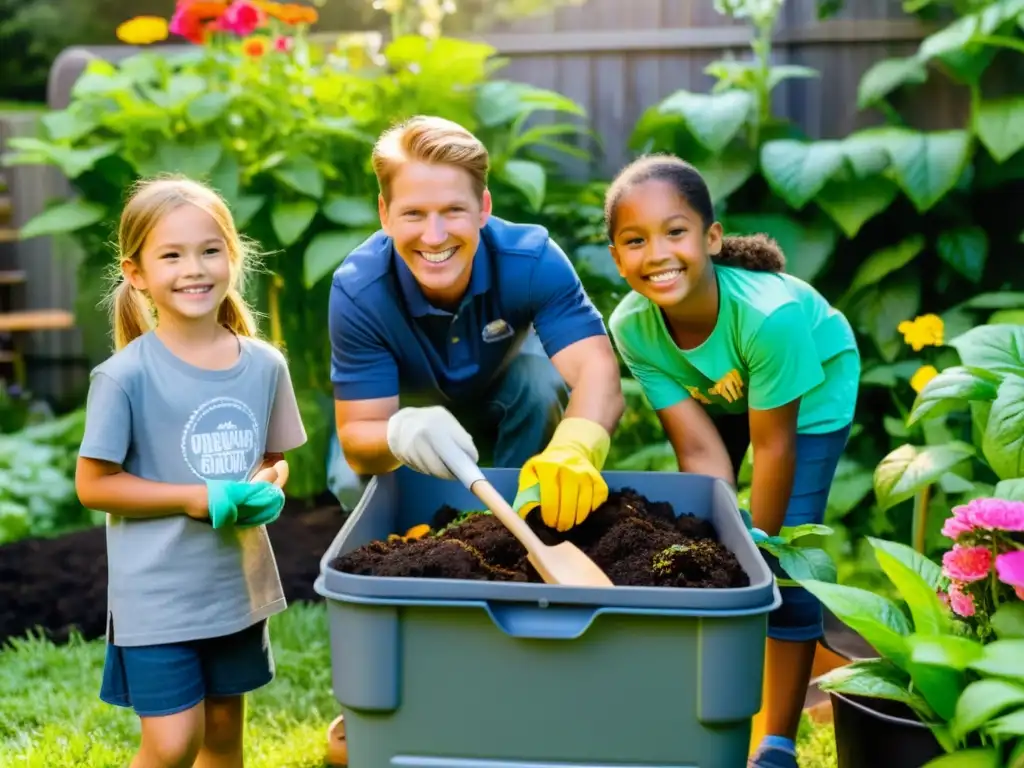 Grupo de niños aprendiendo sobre compostaje y sostenibilidad en un jardín educativo, guiados por un educador