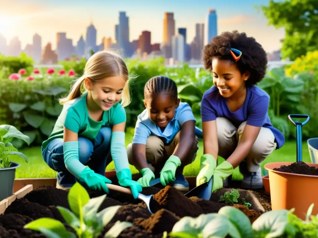 Grupo de niños diversos realizando compostaje urbano en un jardín vibrante, rodeados de plantas y flores coloridas, bajo la cálida luz del sol